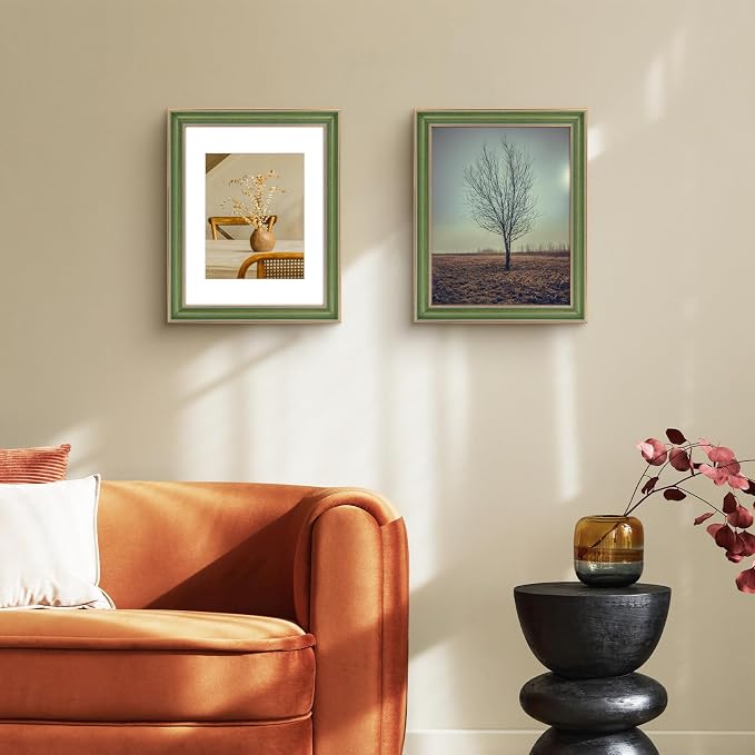Golden State Art, 11x14 Photo Frame With Mat for Pictures 8x10 and Real Glass (Green With Gold Trim - White Color Mat, 1.25 Inch Frame Border)