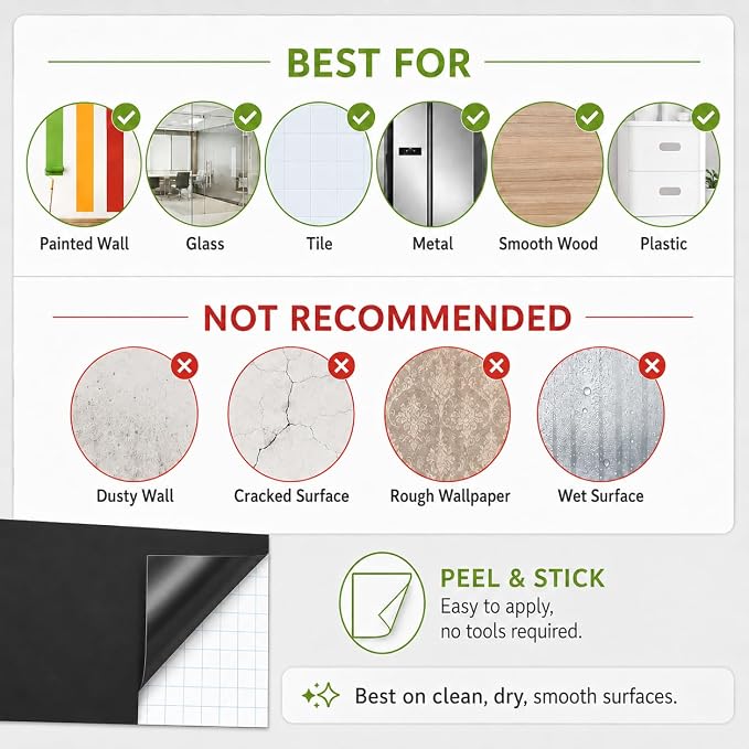 Magnetic Chalkboard 24"x39" for Wall Chalk Board Sticker | Peel & stick magnetic contact paper for walls. Magnet receptive sheet holds magnets, perfect for office or drawing.