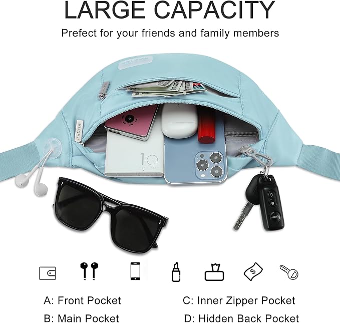 Large Dusty Blue Fanny Pack for Women Crossbody Bag Travel Essential | Nylon,Key Chain, Adjustable Strap,Headhole，Ideal for Shopping Yoga Running Cycling Traveling