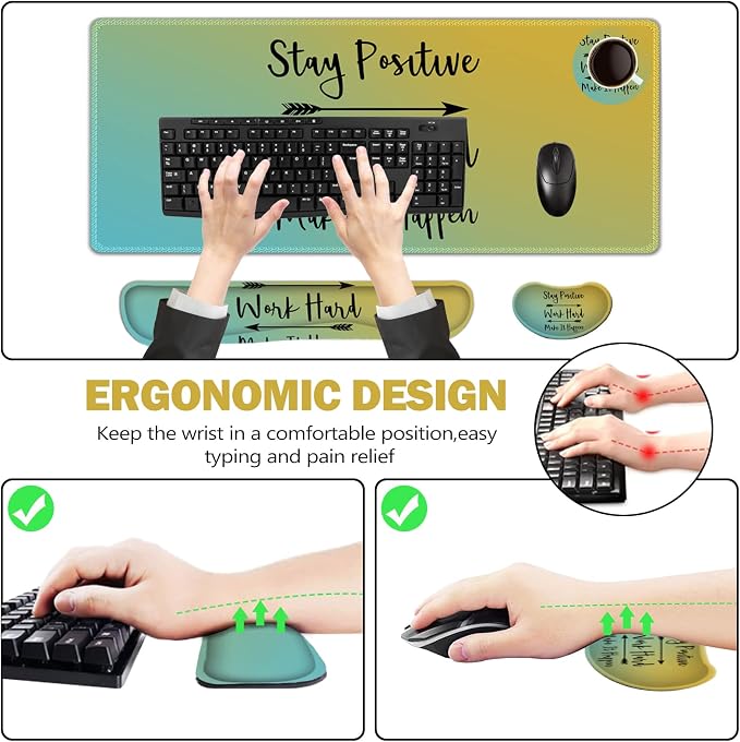 ToLuLu Extended Gaming Mouse Pad, Memory Foam Ergonomic Keyboard Mouse Wrist Rest Support Set, Large Desk Mat with Stitched Edges, Non-Slip Base Mousepad for Home Office Game, Inspirational Quotes