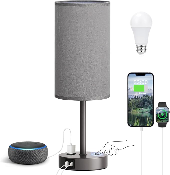 Grey Nightstand Bedroom Lamp - 3 Way Dimmable Bedside Lamp USB C A Charging Ports and AC Outlet, Small Table Lamp Linen Lampshade for Office Desk