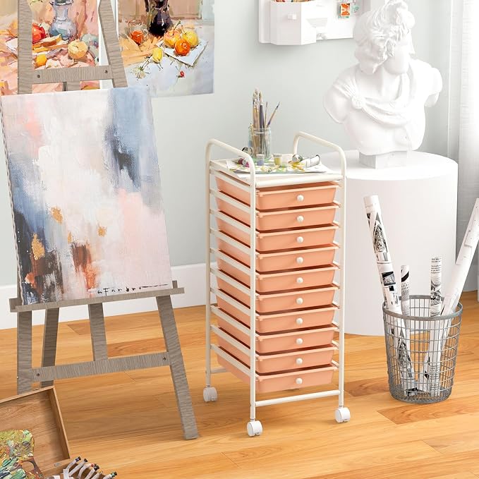 Giantex 10-Drawer Storage Cart w/Universal Wheel, Rolling Cart w/Handle, Home Organizer Storage Unit w/Removable Drawers, Trolley Utility Cart for Kitchen Makeup Living Room Office Play Room