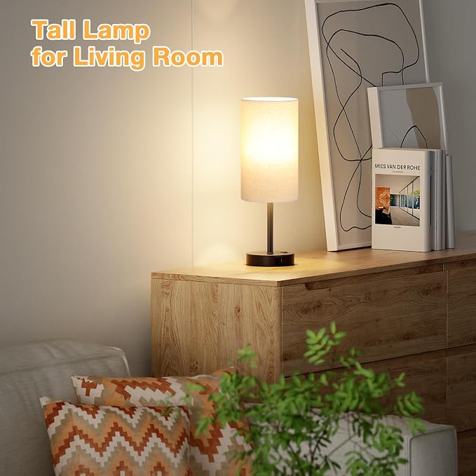 Dicoool 17.4" Bedside Lamp for Bedroom - Dimmable Touch, USB A+C, AC Outlet | LED Bulb Included, 3-Way Dimmable, 17.4" Table Lamp for Living Room, Dorm, Beige Fabric Lampshade, Black Metal Base