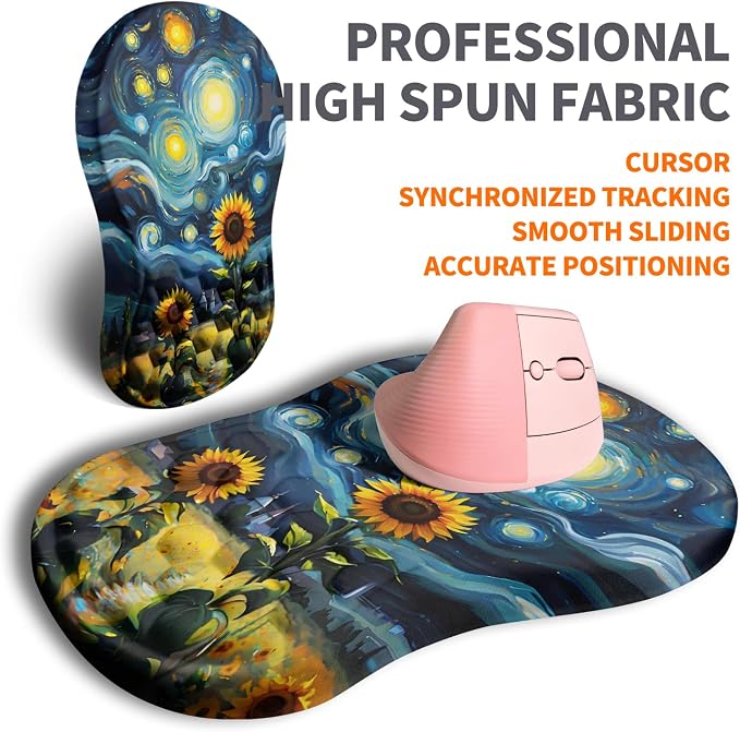Ergonomic Joint Wrist Support Mouse Pad with Memory Foam Cushion Massage Bump, Carpal Tunnel Pain Relief Mousepad Slope Design for Wrist Rest, 11.8x7.9 in, Sunflower
