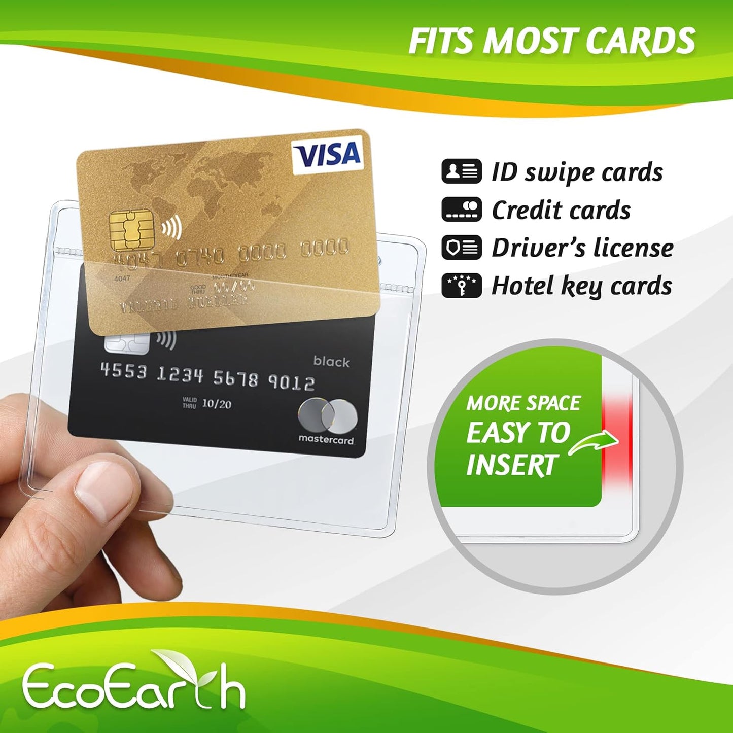 EcoEarth Horizontal Card Protector with Soft Edge (Large 4x3, 10 Pack) Clear Plastic Pouch for ID Name Badge Holders, Conference Nametag Sleeves, No Zipper for Quick and Easy Loading of Card Inserts