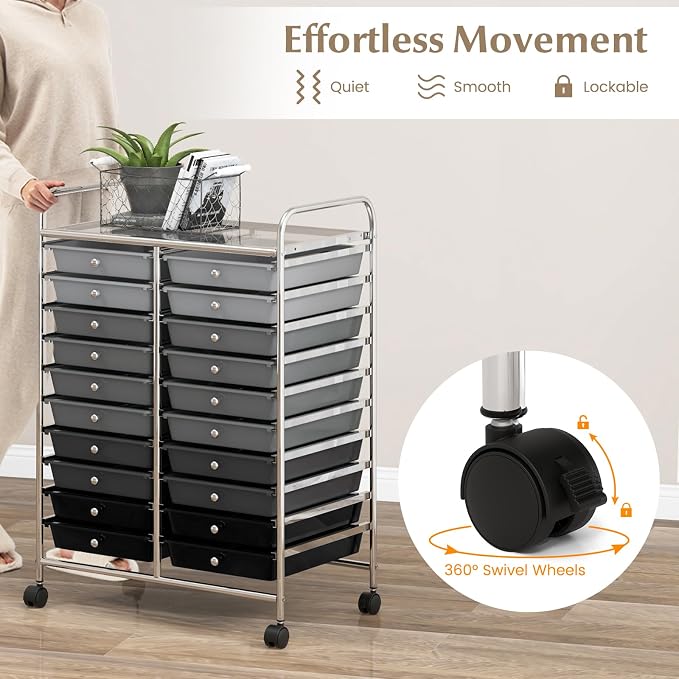 COSTWAY 20-Drawer Rolling Storage Cart, Utility Storage Organizer Cart | For Tools, Scrapbook, Paper, Craft, Multipurpose Storage Trolley on Wheels for Home Office School (Mixed Black)