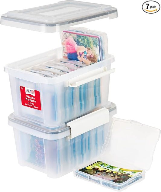 IRIS USA 4" x 6" |Made in USA| 2-Pack WeatherPro Photo Storage Box and Picture Containers, 7 Inner Cases for Tasks, Stickers, Ephemera, & Flashcards - Clear