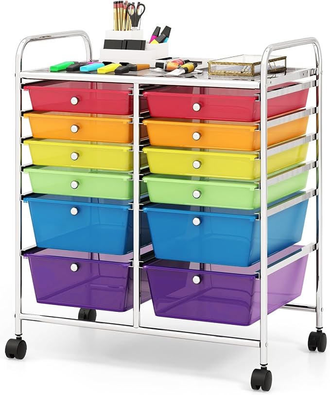 BECOMFORT 12-Drawer Rolling Cart with Drawers, Storage Cart on Wheels, Teacher Classroom Organizers with Metal Frame, Mobile Craft Cart, Trolley Utility Cart for School Office Play Room