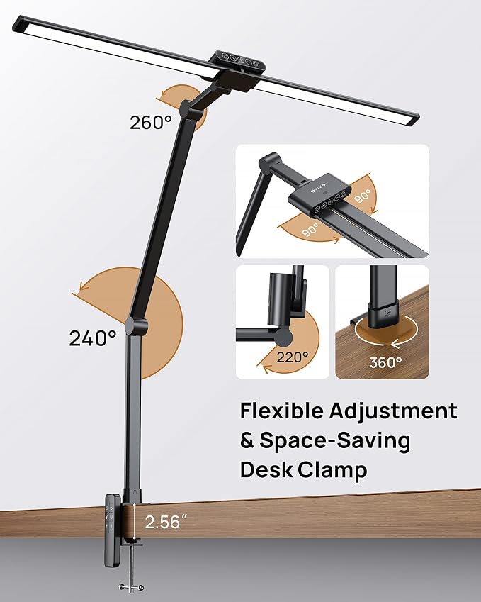 TROND LED Desk Lamp with Clamp, 29.55'' Tall Desk Light with Remote, Black | 1500LM Bright Table Lamp, Swing Arm Clip on Light, Eye-Caring, Touch Control Dimmable for Home Office Monitor Reading