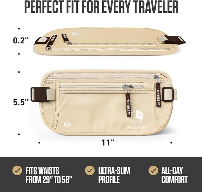 VENTURE 4TH Travel Money Belt, RFID Blocking Passport Holder - Beige