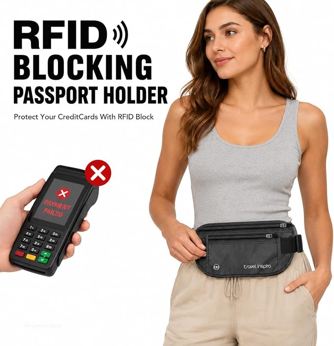 travel inspira RFID Hidden Money Belt Slim Anti Theft Travel Wallet | Passport Holder for Travel Concealed under Clothes for Ultimate Protection of Credit Cards, Cash, Passport & Documents, Black