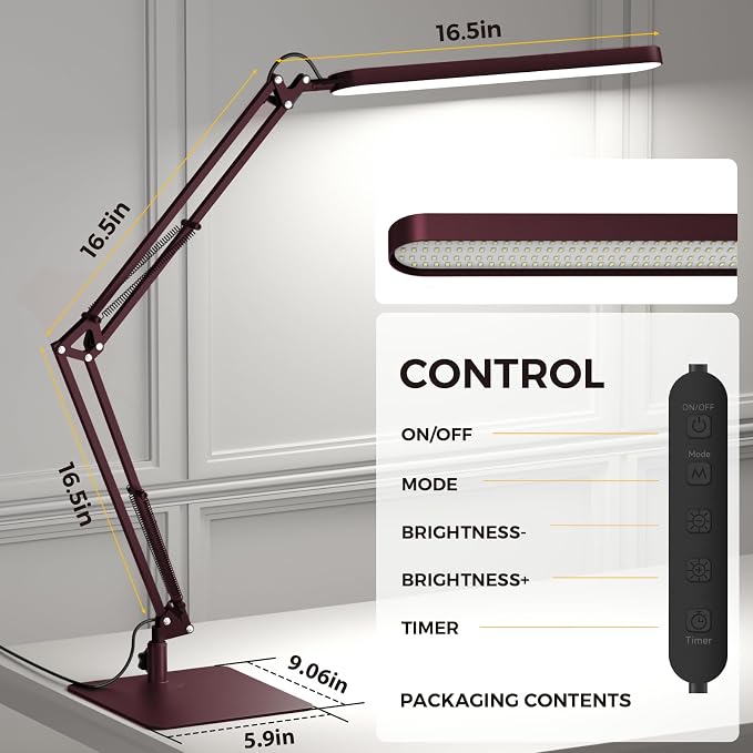 LED Desk Lamp with Slim Base - Adjustable Swing Arm Desk Light, Dimmable, Timer, Eye Protection, Memory Function, 1300LM, 12W, Red