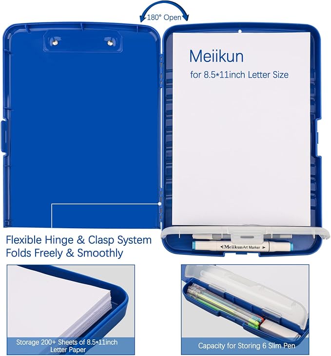 Meiikun Clipboard with Storage, Plastic Clipboards 8.5x11 with Pen Holder, High Capacity Nursing Clipboard Folder, Side Opening Storage Clip Board for Office Work Nurses Teachers (Blue)