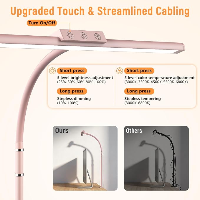 LED Desk Lamp for Home Office, Flexible Gooseneck Desk Lamp with Clamp, 5 Color Touch Control Stepless Dimming Adjustable Eye-Caring Desk Light with Adapter for Reading, Study, Workbench (Pink)