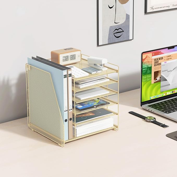 gianotter 6-Tier Paper Organizer With Magazine Holder | Desk Organizers and Accessories, File Organizer for Office Supplies Storag (Gold, 6-Tier)