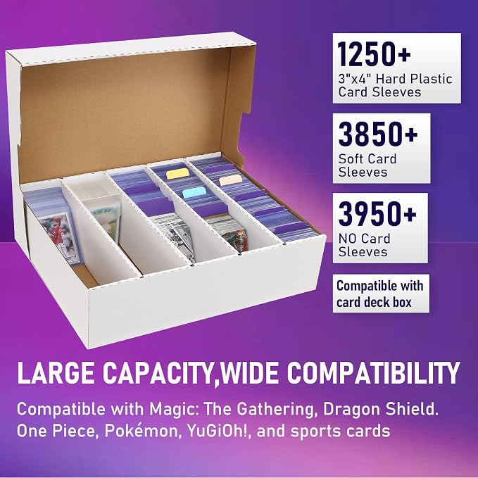 Trading Card Storage Box 5 Row Holds 3950-count,3 Pack Cardboard Storage Box with 24Divider+36 Index Label,Trading Card Dividers for Tcg,Sports,Mtg Cards (3 Pack-Large)