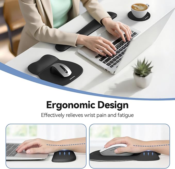 TECKNET Gel Ergonomic Mouse Pad & Keyboard Wrist Rest & Coaster | 3 in 1 Set, Pain Relief, Milk Silk Cloth, Non-Slip PU Base, Easy Typing, Memory Foam Wrist Support for Office & Home