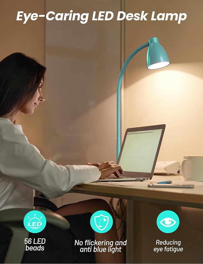 BOHON LED Desk Lamp with USB Charging Port, 3 Color Modes Dimmable, Teal | Reading Lamp, Auto Dimming Task Lamp, Flexible Neck Table Light for Office Dorm Bedside, Adapter Include