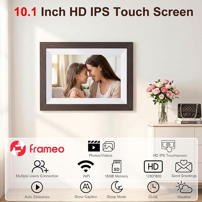 Digital Picture Frame, 10.1" Frameo Digital Frame WiFi with 1280x800 HD IPS Touch Screen, Auto-Rotate, Wall Mountable, Instant Share Photos & Videos from Phone via App, Brown Wood