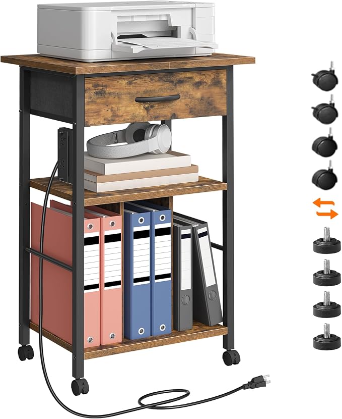 Rolling File Cabinet, Printer Stand with Dividers and Charging Station, Mobile File Cart with Fabric Storage Drawer and Lockable Wheels for Home Office, Fits Letter/Legal/Files