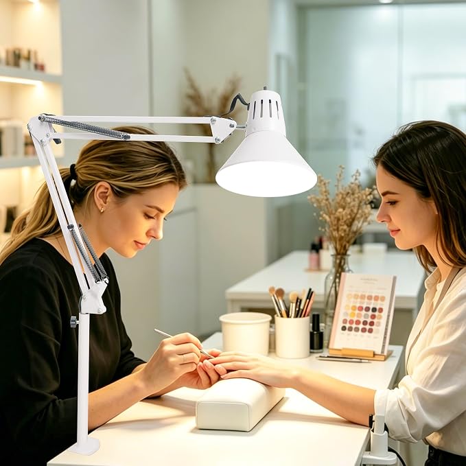 White Desk Lamp with Clamp, Extra-Tall Adjustable Metal Swing Arm, 3000K | Manicurist Table Lamp for Nail Work, Drafting, Sewing, Crafting, College Dorm and Home Office, A19 Bulb Included