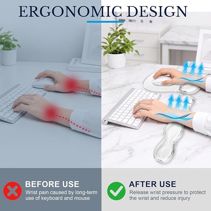 Keyboard Wrist Rest & Ergonomic Mouse Pad with Wrist Rest Set, Cute Transparent Gel Wrist Rest for Keyboard and Mouse, Soft Support for Pain Relief, Office, Gaming Desk Accessories（White）