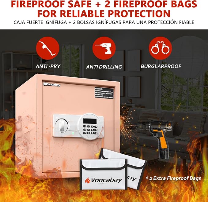 Voncabay Money Safe Box for Home with Digital Keypad, 1.5 Cu. Ft., Khaki | Alloy Steel, 2 Fireproof Bags, Digital Keypad with Display, Removable Shelf, Alarm System, 14 x 13 x 13 In.
