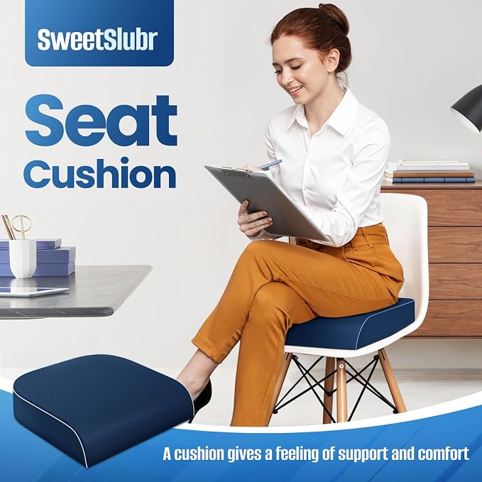 SweetSlubr Seat Cushion for Tailbone Pain Relief, Office Chair Cushion, Memory Foam Large Chair Pad with Non-Slip Cover for Soft Support at Office Chair, Car Seat, Airplane Dark Blue/Large