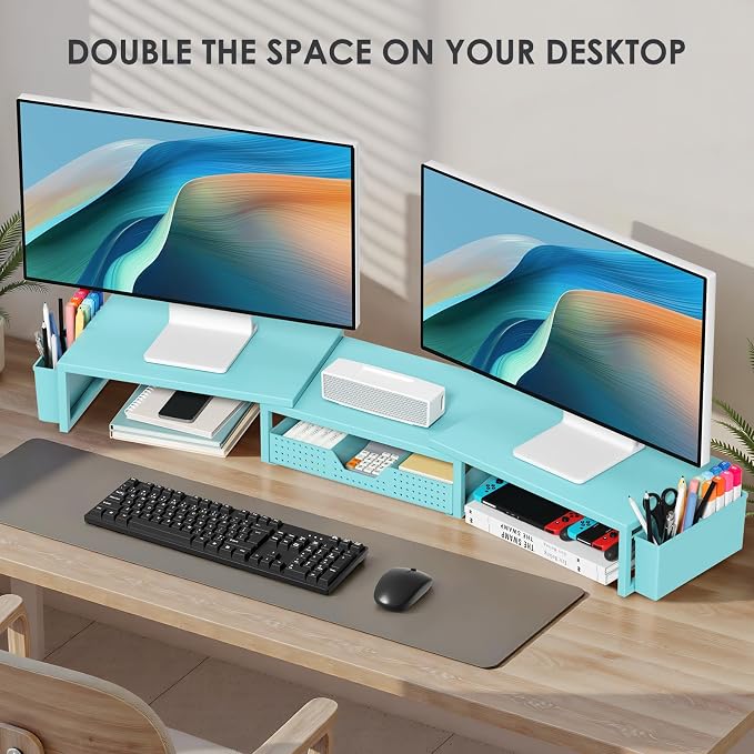 Desk Organizers and Accessories, Dual Monitor Stand Riser with Drawer and 2 Pen Holders, Desk Shelf Computer Monitor Stand for Office Workspace Organizers, Desktop Organization (Blue)