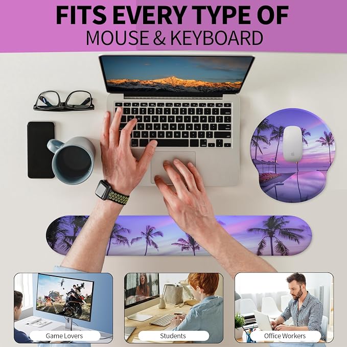 Mouse Pad Wrist Support, Ergonomic Memory Foam Keyboard Wrist Pad & Gel Wrist Rest Set for Computer Keyboard for Easy Typing & Pain Relief for Office & Home (Mauve Twilight Set)