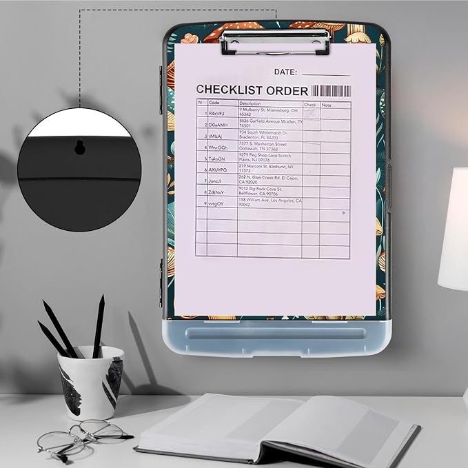 Clipboard with Storage,Storage Clipboard with Pen Holder,Heavy Duty Plastic Storage Clipboard with Low Profile Clip,Teacher Must Haves,Clipboard Folder,Office Supplies,Mushroom -1354