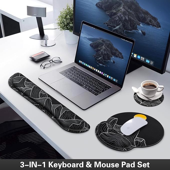 Mouse Pad Black, Ergonomic Keyboard Wrist Rest, Mouse Pad with Wrist Rest | Gaming Mousepad with Wrist Support, Memory Foam Wrist Rest Set for Computer Keyboard, Office Desk Accessories