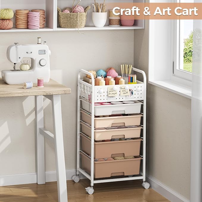 5 Drawer Rolling Storage Cart with Pegboard Top and Hooks, Brown | Mobile Organizer Cart with Wheels for Office Supplies, Craft Storage, Classroom Organization, Home Utility Cart