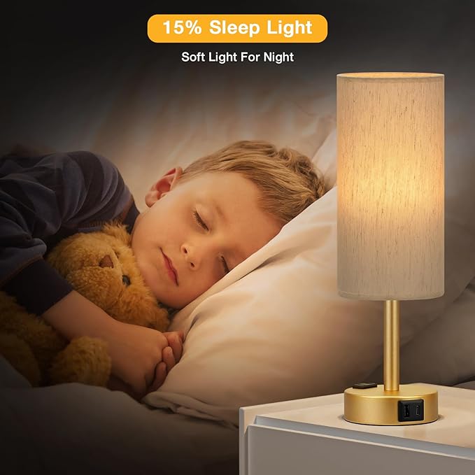 Touch Bedside Table Lamps Set of 2 - Bedroom Lamp with USB A+C, AC Outlet | 3-Way Dimmable, LED Bulb Included, Linen-Texture Fabric Lampshade, Matte Gold Metal Base, 14" Small Nightstand Lamp for Dorm