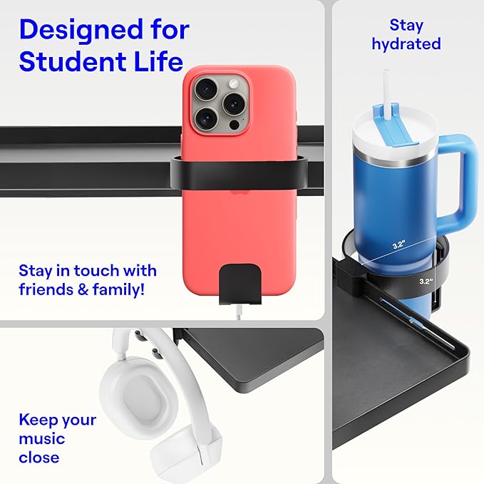 BedShelfie Bedside Shelf for Dorm Room - Dorm Essential, Black | Bunk Bed & Top Bunk, College Dorm Room Essentials, Bedside Caddy, Clip on Floating Desk Tray, Bed Side Table, Loft Nightstand