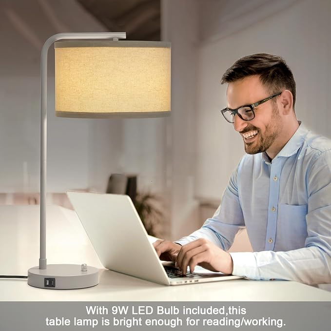 25" Tall Table Lamp with USB C+A Ports, Fully Dimmable Nightstand Lamp | Modern Grey Bedside Lamp with Beige Shade, Minimalist Desk Lamp for Living Room Bedroom Office, LED Bulb Included