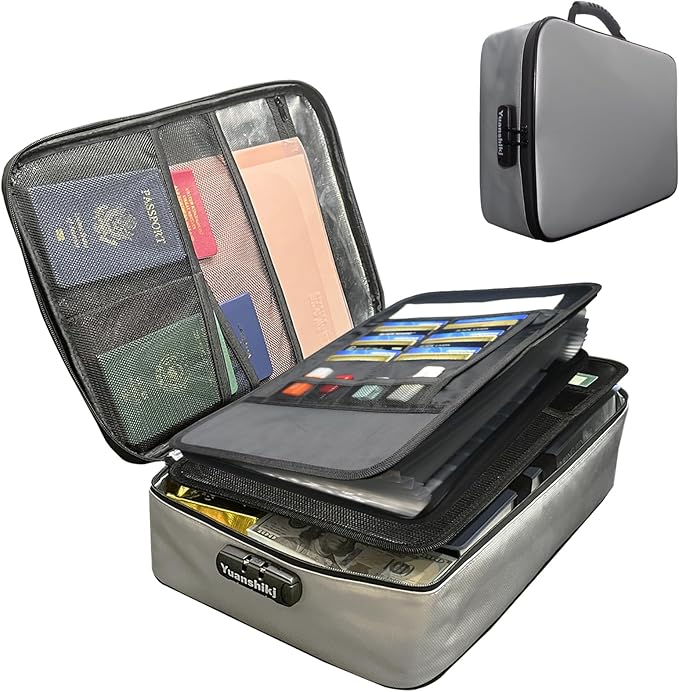 Yuanshikj Portable Fireproof Waterproof Document Organizer with Lock,Grey | 3 digit Code,15.1"x11.2"x4.3",Heat Insulated Fire＆Water-Resistant Box 13 Layers File, Home Travel Safe Storage for Important