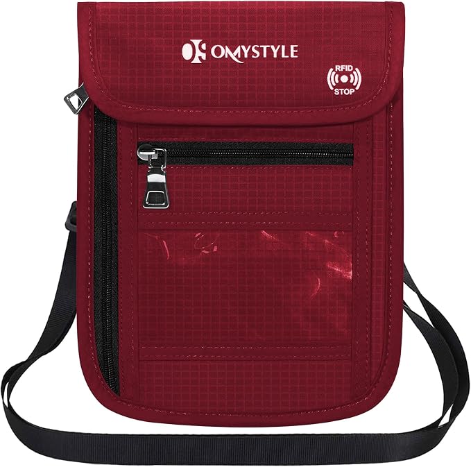 OMYSTYLE Neck Wallet, RFID Passport Holder for Travel, Adjustable Neck Strap, Waterproof Neck Pouch for Men & Women to Keep Cash, Credit Cards and Documents Safe, Red (8x6)