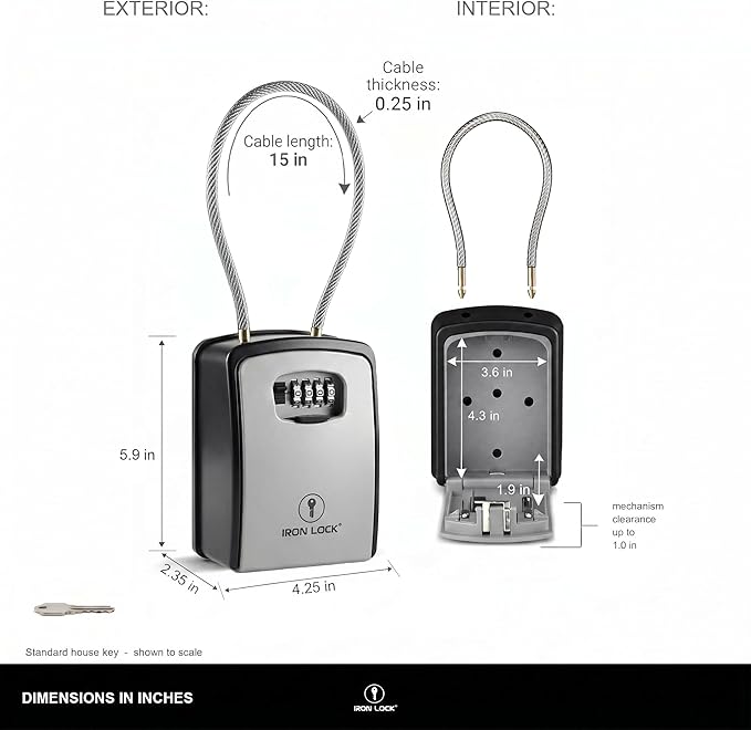 Iron Lock® XXL Portable Key Lock Box, 15in Steel Cable, Code (XXL, Grey) | Holds 20-30 keys + car fobs; unique built-in tray; loops on gate or rail or wall-mounts; resettable code; dial cover