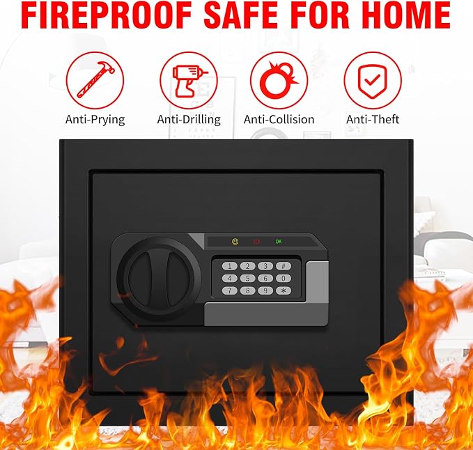 1.8 Cub Fire Proof Safe for Home Documents, Anti-Theft Digital Security Box with Electronic Keypad Lock and Spare Key, Small Safes for Home Use Fire and Water proof for Money Jewelry Valuables
