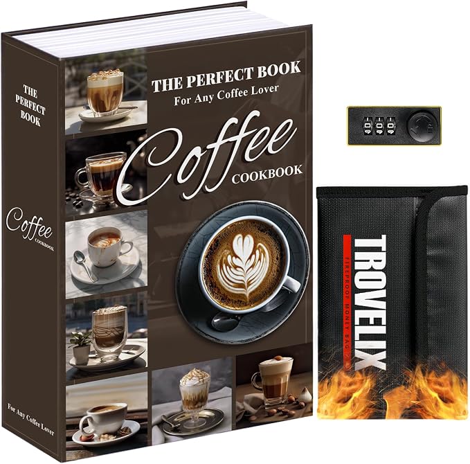 Book Safe with Combination Lock, Hidden Safe (9.5 x 6.2 x 2.2 Inch) with Fireproof Bag, Secret Diversion Safe, Hollow Book Box Hidden Storage, Money Safe Box for Cash(X-Large COFFEE)