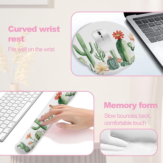 Cactus Succulent Greenery Flower Keyboard Wrist Rest Pad and Mouse Pad Wrist Support Set,3-in-1 Ergonomic Mouse Pad with Non-Slip Rubber Base for Home Office Game Computers Desk,