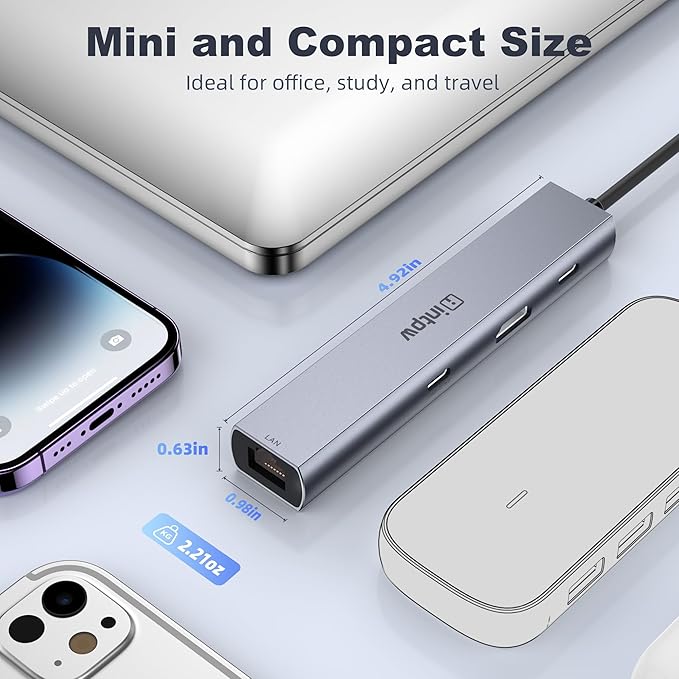 intpw USB C to USB A Hub 6 Ports with 4K HDMI Ethernet 100W PD Type C Hub USB 3.0 5Gbps Aluminum Adapter Multiport USB C Hub for Laptop, Mac, iPad, PC (1.97FT(6in1,HDMI 4K))