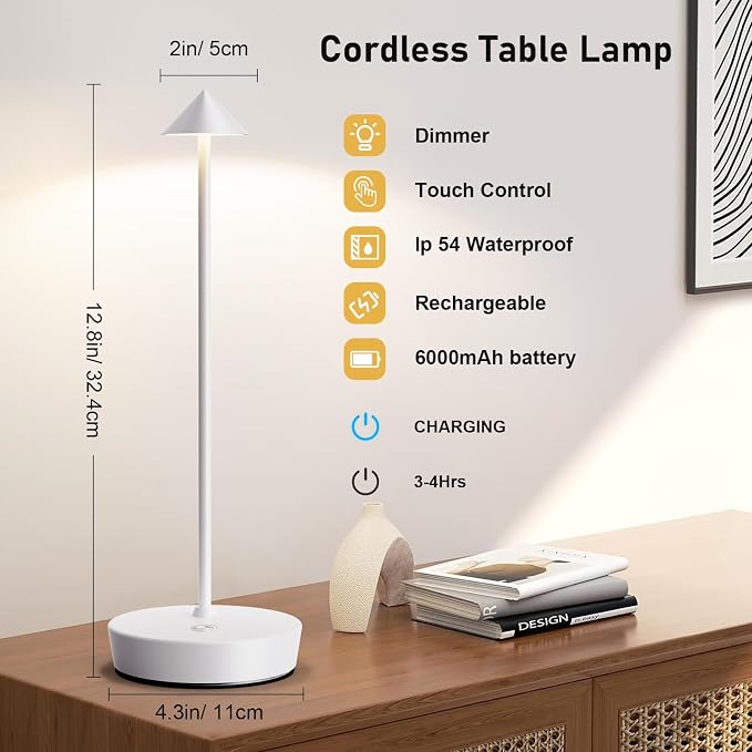 Set of 2 Cordless Rechargeable Led Table Lamp Battery Operated Light White | 6000mAh Touch 3 Color Dimming Portable Metal Outdoor Waterproof Light for Patio/Restaurant/Dining/Home