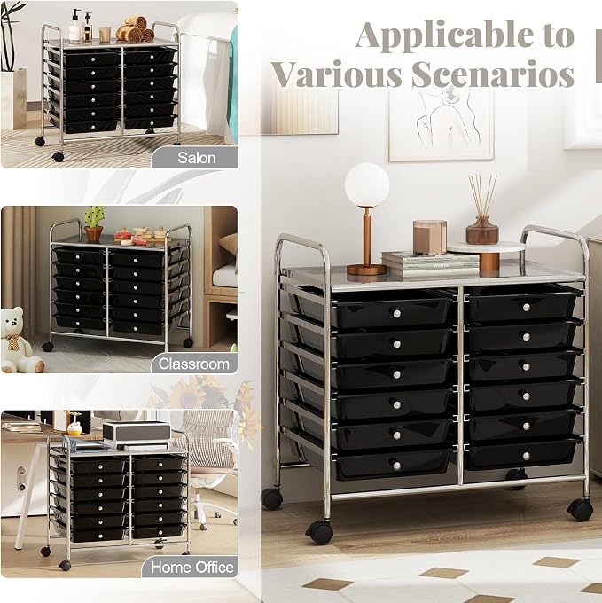 COSTWAY 12-Drawer Rolling Storage Cart, Utility Storage Organizer Cart | For Tools, Scrapbook, Paper, Craft, Multipurpose Art Supply Organizer on Wheels for Home Office School, Teacher, Black