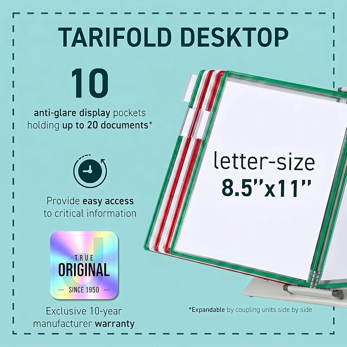 Tarifold Desktop Reference Display System, 10 Pockets, Expandable, Red | 10 double-sided PVC pockets hold 20 letter-size sheets, sturdy metal base, quick-find indexing, easy to assemble