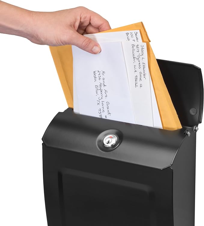 Architectural Mailboxes Aspen Locking Wall Mount Mailbox, Black, Small | Galvanized steel build with a concealed lock and key drop box and weather-resistant outdoor construction.