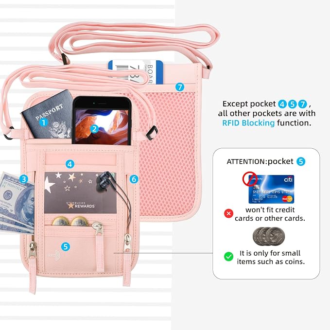 WALNEW Passport Holder Neck Pouch Travel Wallet for Women and Men, RFID Blocking Security Slim Traveling Wallet with Around Neck Lanyard Strap, Pink | Around Neck Lanyard Strap, Travel Safety Anti Theft Bag, Neck Wallet for Traveling Women