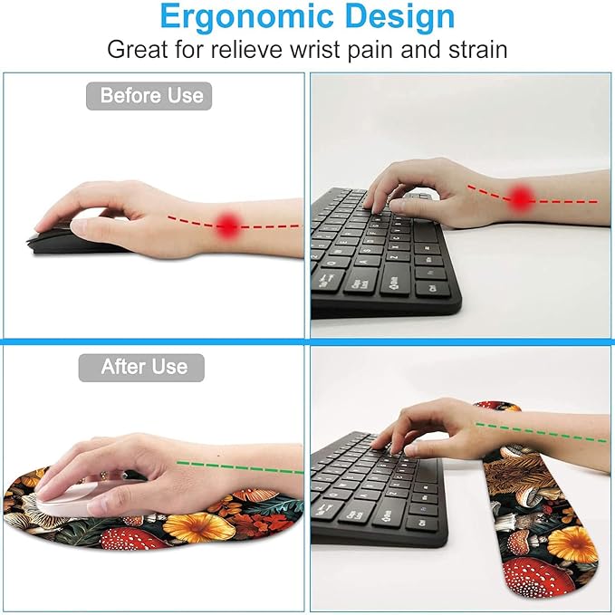 Keyboard Wrist Rest and Mouse Wrist Rest Pad with Cup Coaster,Made of Memory Foam,Ergonomic Support,Easy-Typing and Pain Relief,for Gaming Office Home Computer,Cute Forest Mushroom