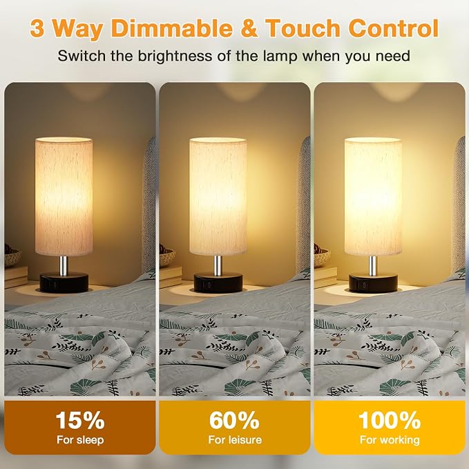 Small Table Lamps for Bedroom set of 2 - Touch Lamps with 3 Way Dimmable | Two LED Bulb Included | USB C and A Ports | Cream Shade and Black Base | Bedside Lamp for Nightstand